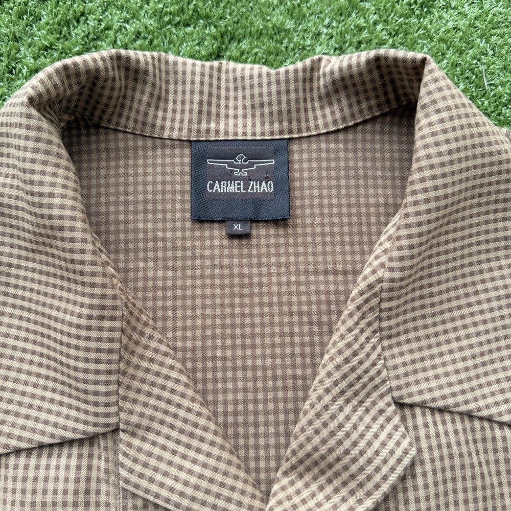 Carmel Zhao Men's‎ XL Brown Check Button Front Safari Utility Shirt 70/30 - Picture 2 of 9